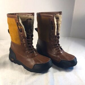 UGG Kid’s Butte II CWR Brown Leather & Shearling Waterproof Lace Up Ankle Boots